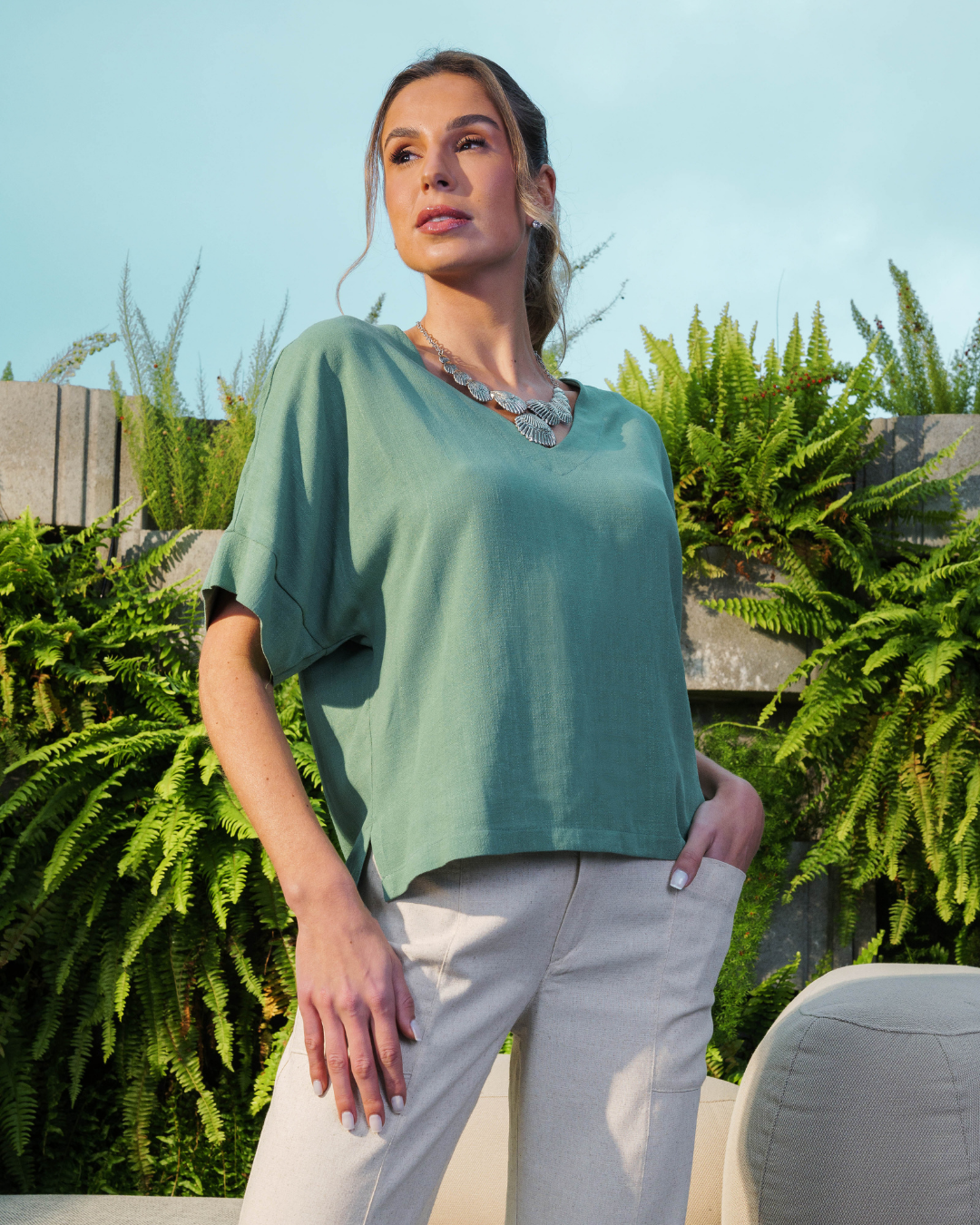 BLUSA DECOTE V LINHO/ESTAMPADA - 3802 - Imagem 4